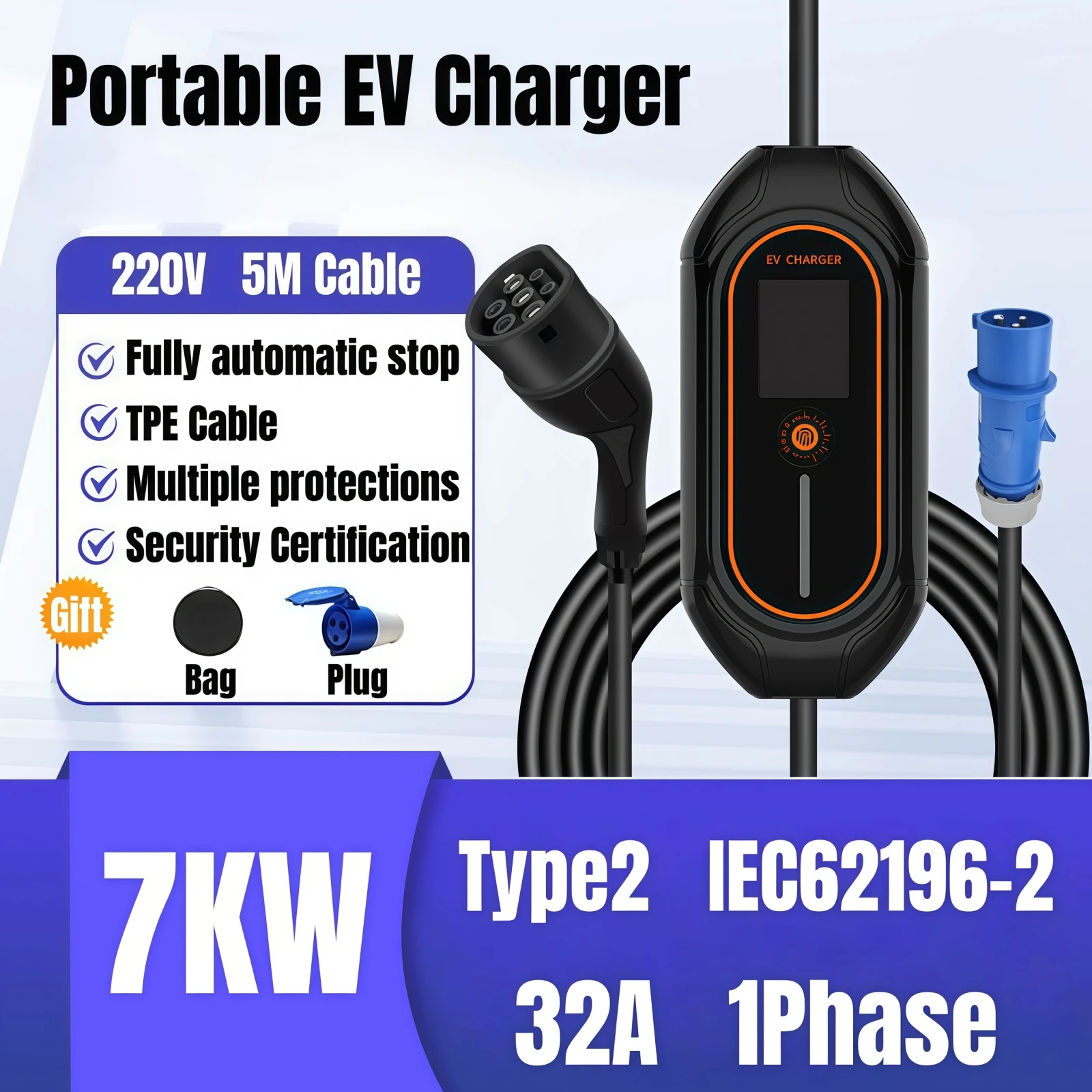 New Type 2 Portable EV Charger 7KW 32A 1Phase Wallbox Type2 EV Portable Charger IEC62196-2 EVSE Charging Cable CEE Plug