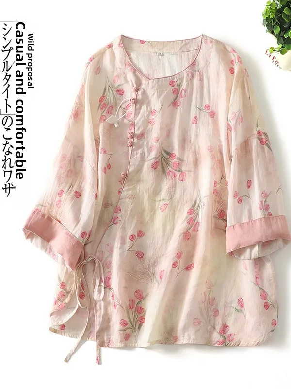 

2025 Summer New Set Cotton ort Sve V-Ne Top And orts Traditional Chinese Sle Print Asymmetrical Hemline