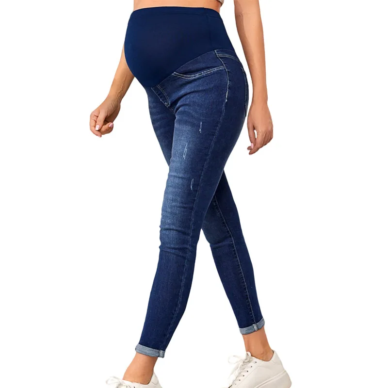 Umstandsjeans mit hoher Taille und Bauchstütze, Stretch-Denim, Skinny-Hose, Frühjahrskleidung für Schwangere