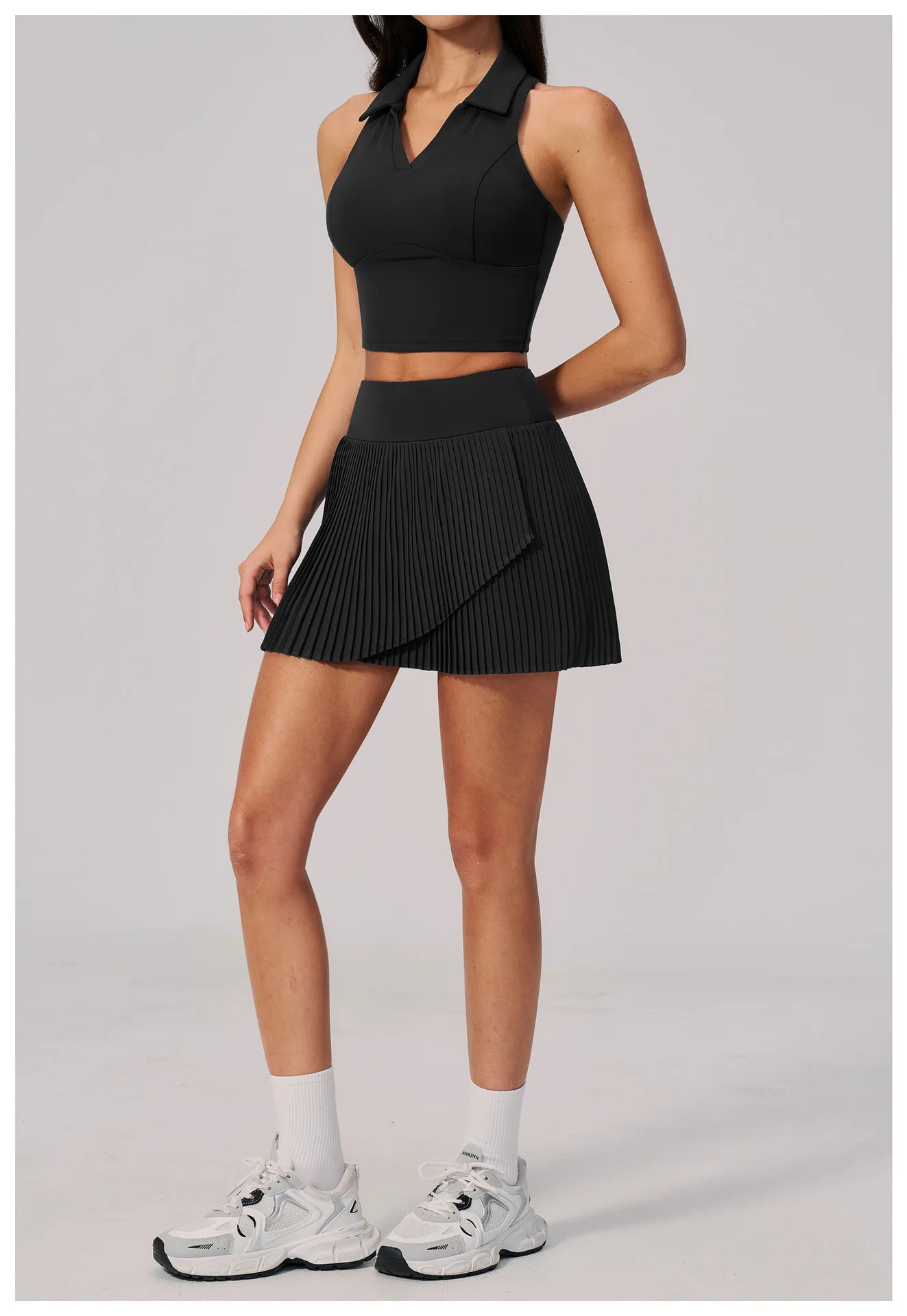 SOISOU Nylon Women Two Pieces Yoga Set Ribbed V-Neck Gym Top Sport Tennis Skirt 2pcs Suit Sportswear Workout Clothes 5 Colors