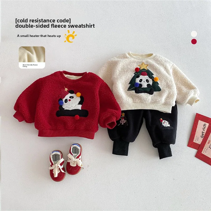 

Children's Festive New Year's Clothing 2025 New Winter Boys' Panda Fleece Hoodie Girls' Christmas Pullover