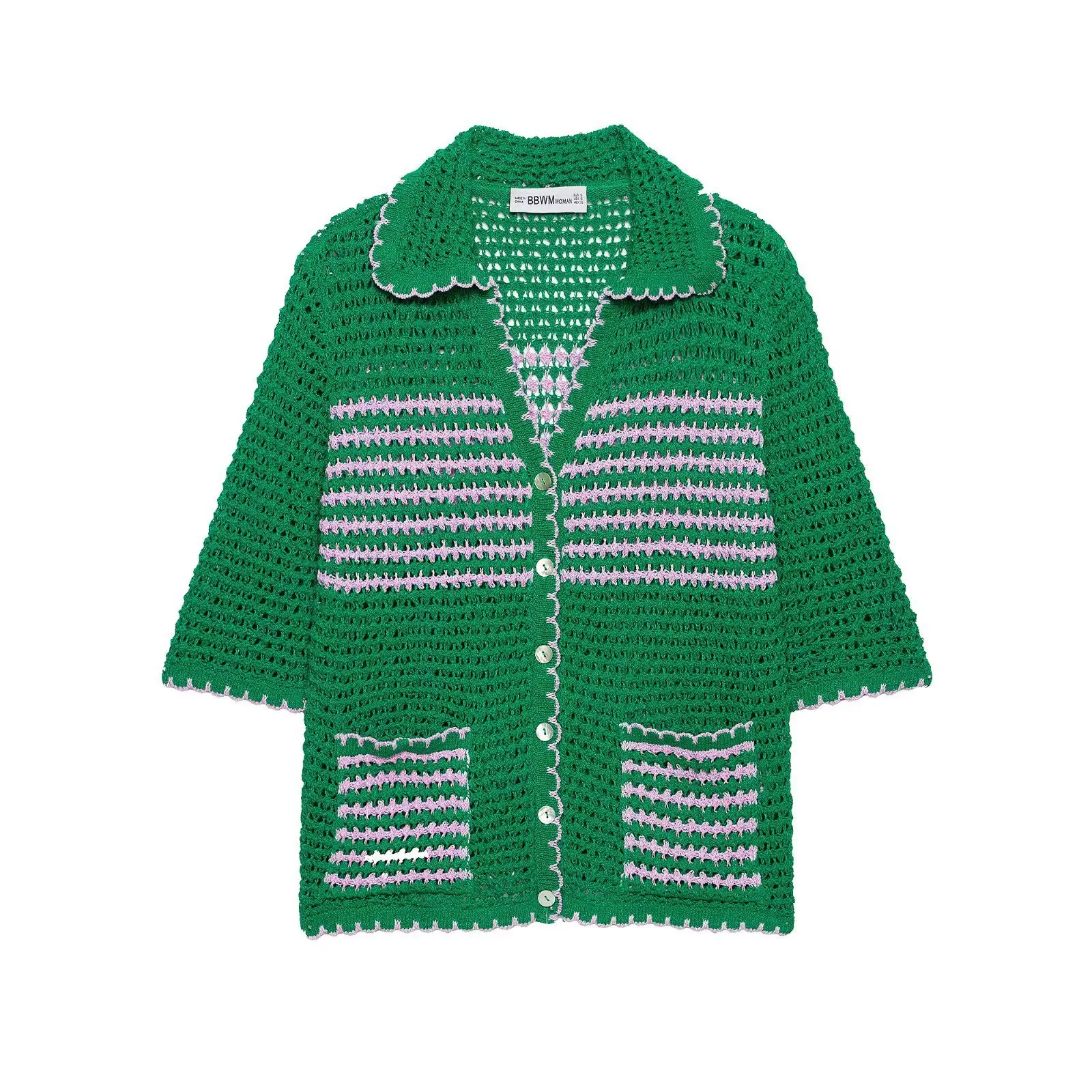 

Dave&di Temperament Collar Short Sleeved Green Striped Hollow Knit Sweater For Women's Sweater Knitwear Woman Clothing