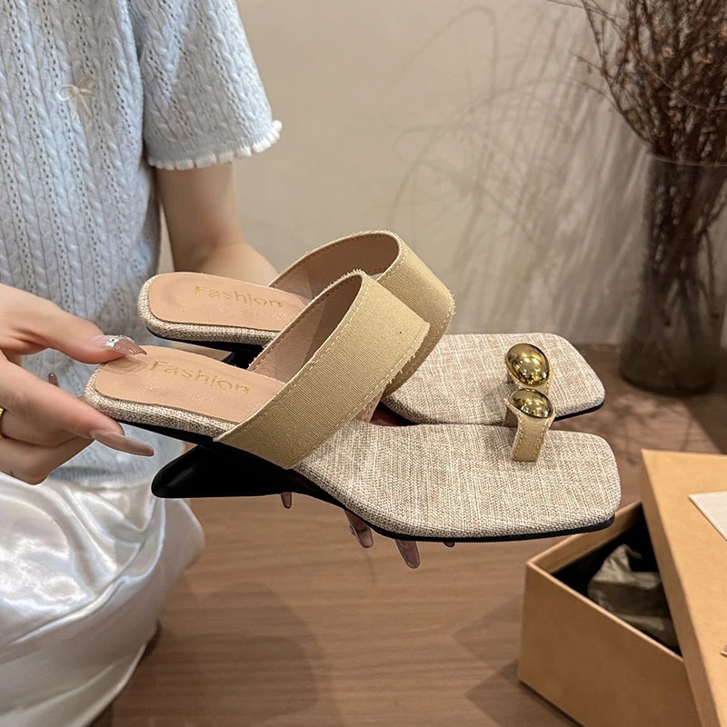 New Summer Square Toe Flip Slippers 2026 French Wedge Pop Toe Outer Wear Women's Shoes