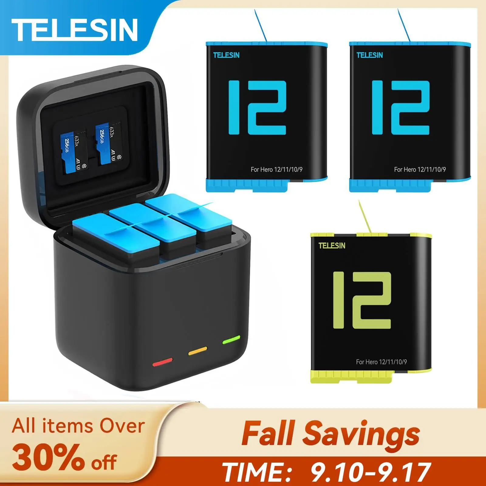 TELESIN Batterie Für GoPro Hero 12 11 10 9 1750 mAh Batterie 3 Möglichkeiten Schnelle Ladegerät Box TF Karte Lagerung für GoPro Hero Zubehör