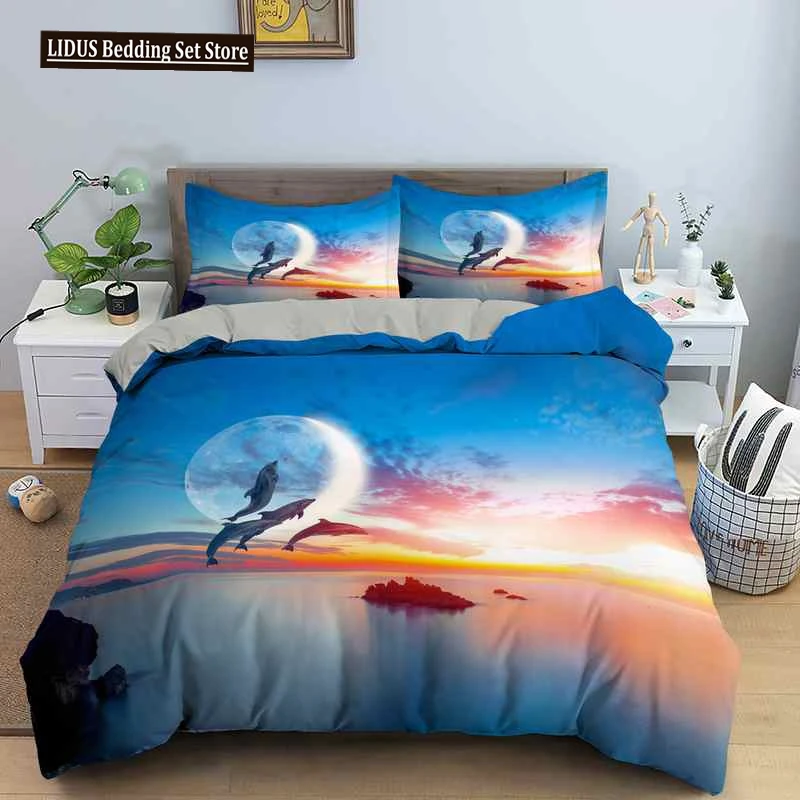 

Dolphin Duvet Cover Set 2/3Pcs Marine Life Pillow Case Bedding Sets King Twin Full Queen Size Polyester Quilt Cover For Teens