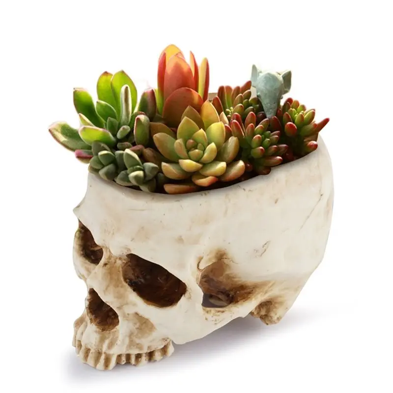 AA05 Resin Skull Shaped Flower Pot Candy 1 Pc With Drain Hole, Skull Planter For Home Office Desk, Gothic Style Decoration
