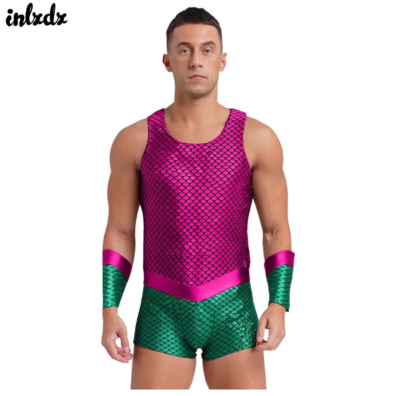 

Mens Poseidon Merman Sea King Sea God Cosplay Costume Fish Scales Print Bodysuit with Arm Sleeves Halloween Mermaid Outfits