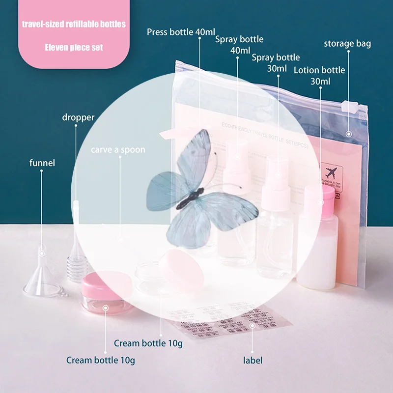 11-teiliges nachfüllbares Reiseflaschen-Set für kosmetische Lotion, Toner, Spray, Shampoo, Essentials, Cremeflasche, leerer Behälter für Toilettenartikel