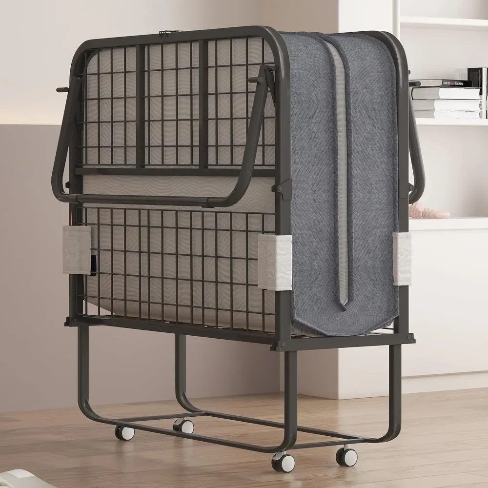 

Folding Bed with 4 Inch Memory Foam Mattress, Single Rollaway Bed for Guests, Space Saving Portable Bed with Lockable Wheels