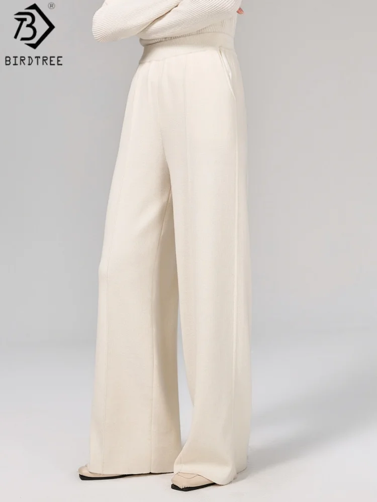 Birdtree, 50% Sheep Wool 50% Cotton Straight Pants, Women's Wide Leg Casual Trousers, Elastic Waist, 2026 Autumn Pants P69320JF