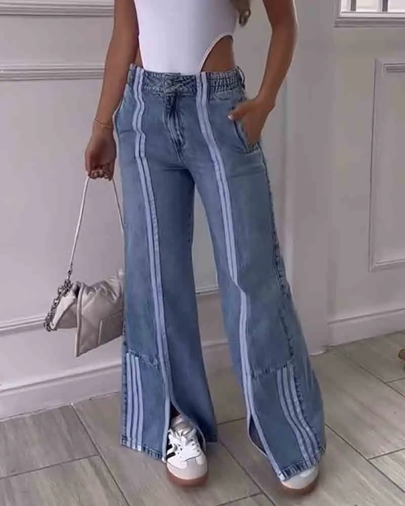 Vintage Side Stripe Baggy Jeans Woman High Waist Splicing Straight Loose Wide Leg Denim Trousers Streetwear Cargo Pants Y2k