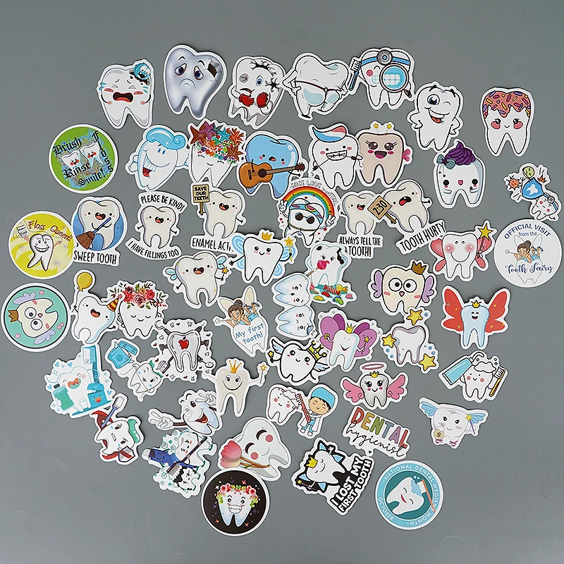 50/100pcs Cartoon Tooth Shape Stickers Tooth Fairy Paper Sticker Dentist Gift for Kid Children Graffiti Decal Sticker