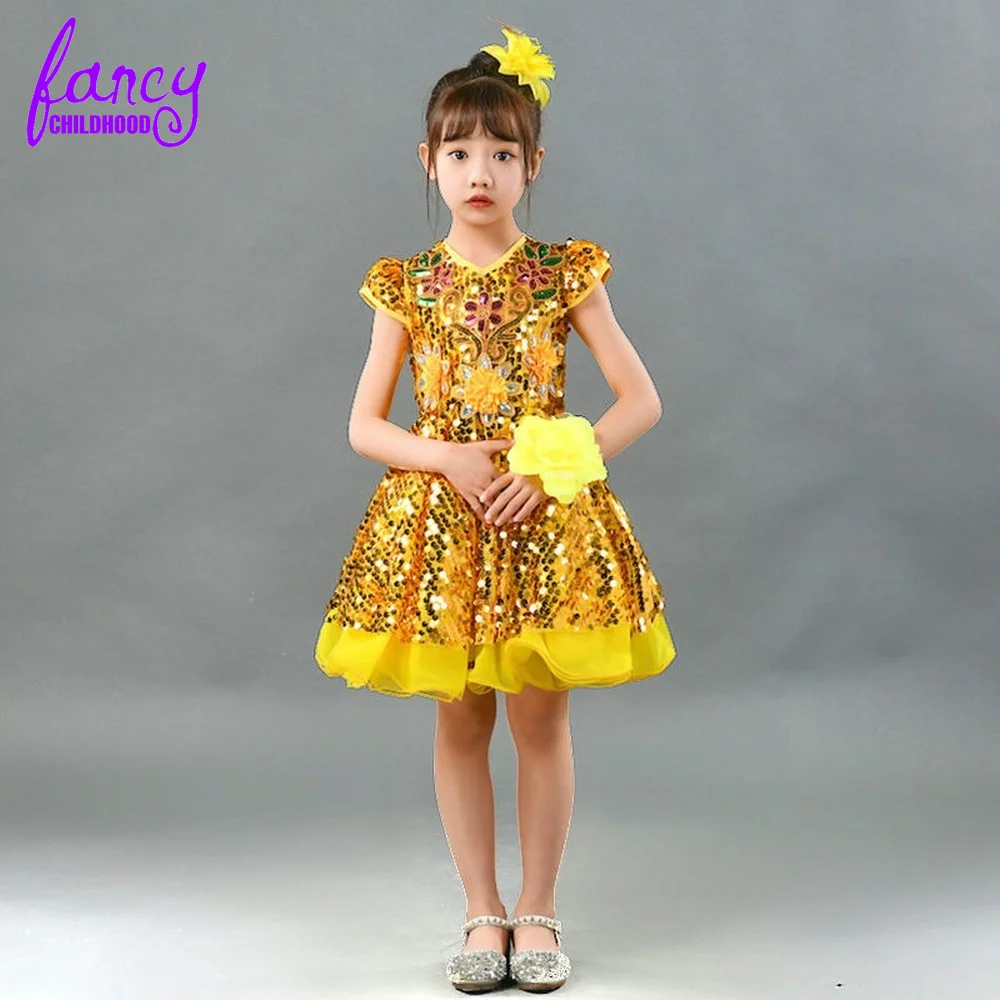 Sparkly 2022 Flower Girl Dresses Golden Sequined Kids Wedding Dresses Cheap Communion Gowns Little Girl Yellow Pageant Dress