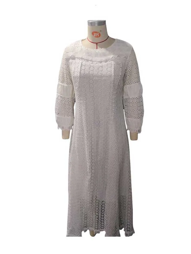 Vestido de primavera de encaje blanco para mujer, vestidos hermosos Vintage con cuello redondo, vestido precioso recto calado para mujer, elegante