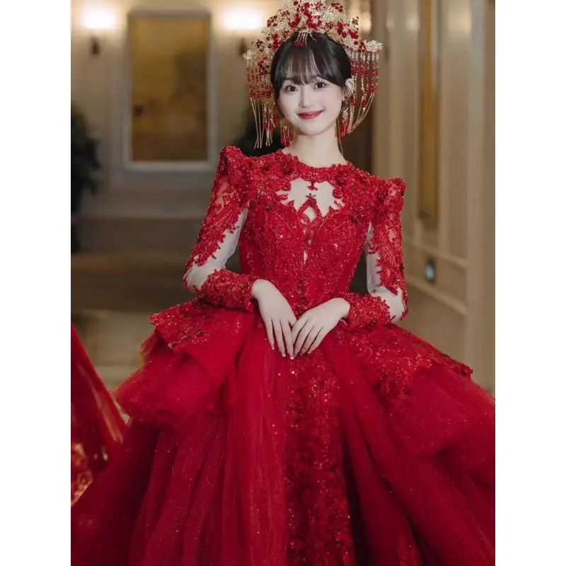 Red Main Wedding Dress Bride's Trailing Embroidery Heavy Starry Sky With Diamond Dress Outdoor Veil Long Sleeves  Customized