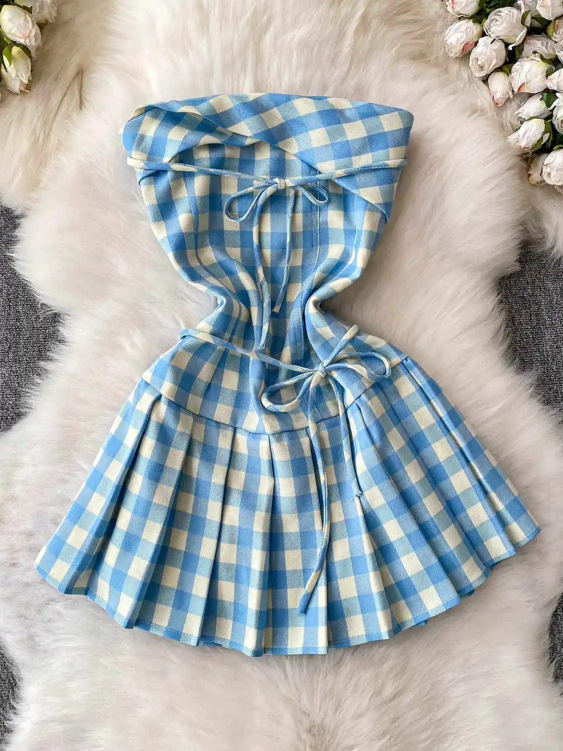 

Women Light Blue Plaid Bow A-line Mini Dress Vintage Off Shoulder Mini Pleated Dresses Y2k One Piece Frocks 2000s Clothes Summer