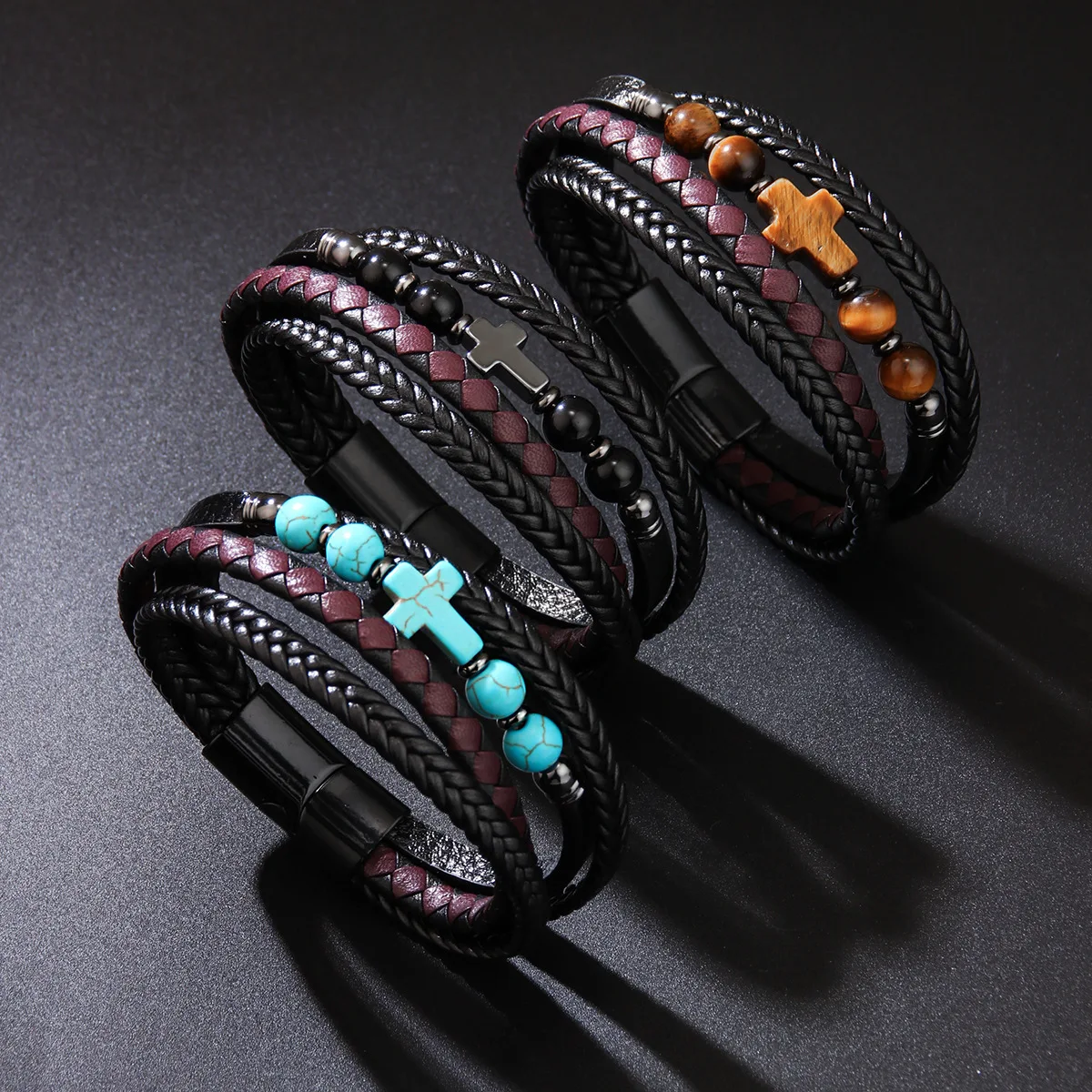 men cross bracelet Natural Stone Beads Rosary Cross Bracelets Multilayer Leather Bracelet Women Yoga Meditation Jewelry Homme Pu