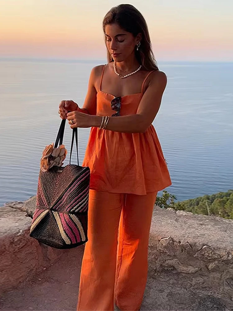 Conjunto de dos piezas para mujer, traje elegante de pierna ancha con cordón naranja, sin mangas, volantes, dobladillo plisado, Tops con tirantes, trajes de calle