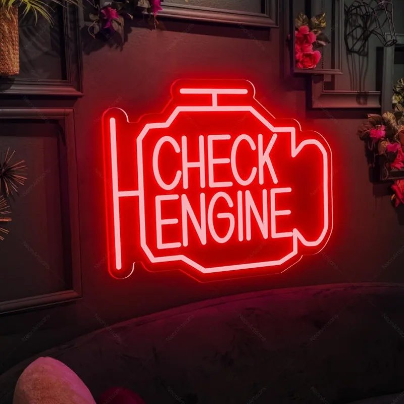 Check Engine Neon Sign for Wall Decor,Dimmable LED Signs for Car Room Car Repair Shop Workshop Party Decor Game Room Man Cave