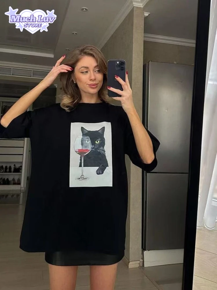 

Red Wine Cat Printed T-shirt 100% Cotton T-shirt Women's Clothing Summer Fashion Casual Comfy Commute Short Sleeve Top Harajuku
