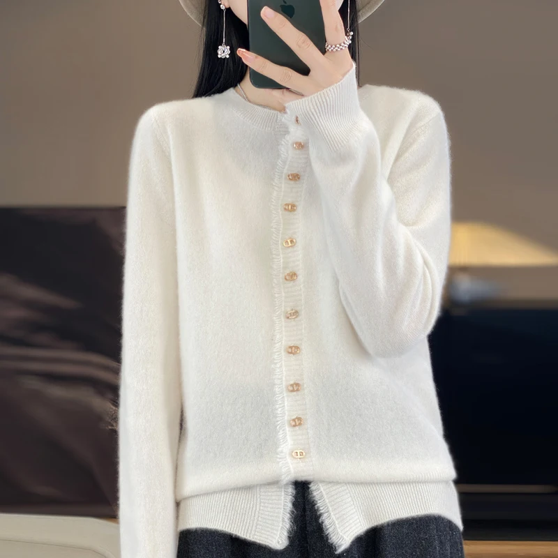 100% Wool Cardigan Womens Clothing O-neck Sweater Tassels Female Long Sleeve Tops Knitted Korean Fashion Warm New In Outerwear