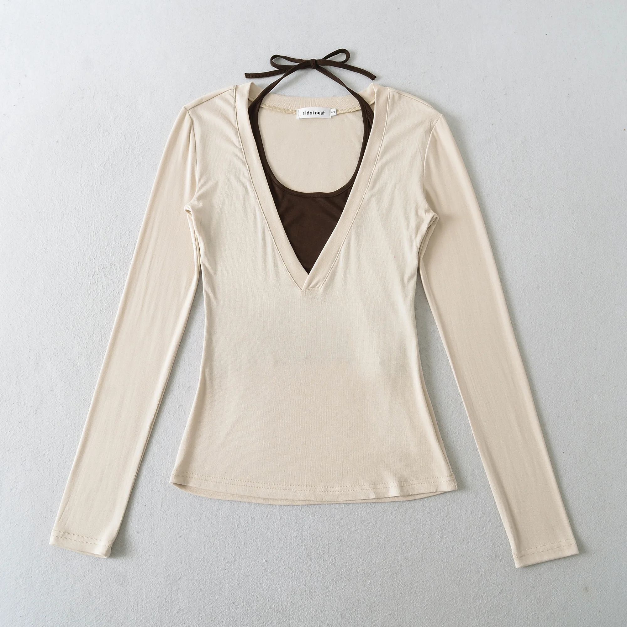 4 ألوان 2025 الخريف التعادل القوس الرسن التباين اللون كاذبة 2 قطع طويلة الأكمام تي شيرت عادية المحملة البلوز المحاصيل الأعلى