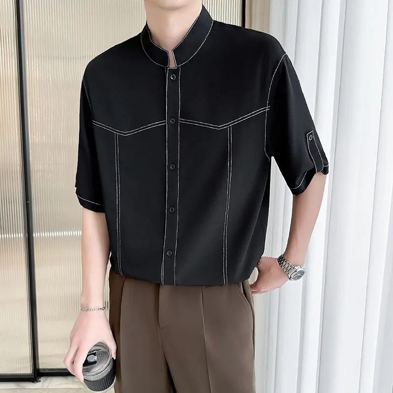 

2025 Summer Stand Up Ice Silk Shirt Men Half Sleeve Personalized Design Casual Business Shirt Social Party Tuxedo Blouse