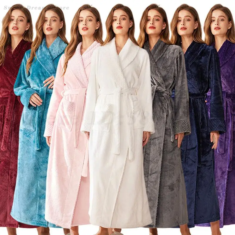 

Winter Flannel Bathrobe for Women Warm Soft Long Sleepwear Robe with Belt Thick Homewear Nightgown Coral Fleece Loungewear