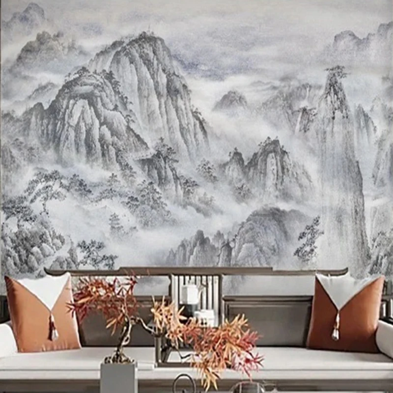 New Chinese Style Wallpaper Custom Size Mural Hand-painted Mountain Landscape Wall Art Decor Background Painting Papel De Pared