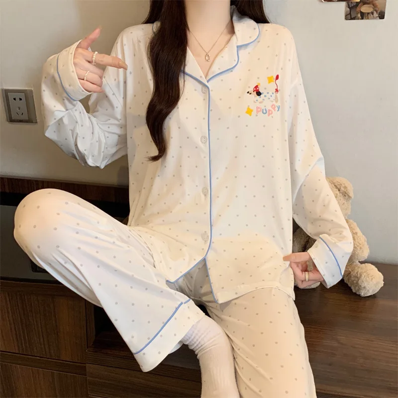 2Pcs 디즈니 미키 마우스 여성용 긴팔 잠옷 세트 카와이 애니메이션 만화 소녀 패션 봄 캐주얼 학생 홈 의류