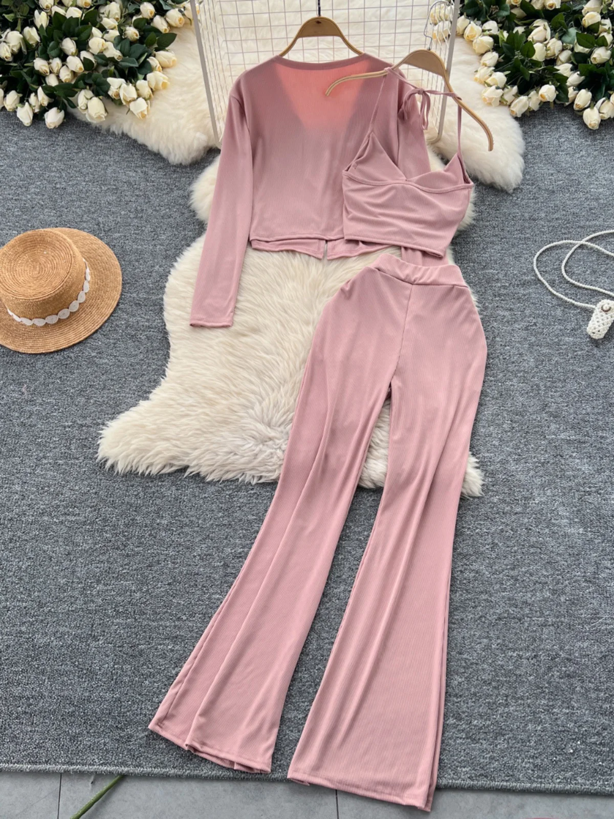 Women's Pant 3 Piece Set Design Cross Neck Camisole Vest+Versatile Long Sleeved Shawl Cardigan Jacket+Micro Flared Long Pants