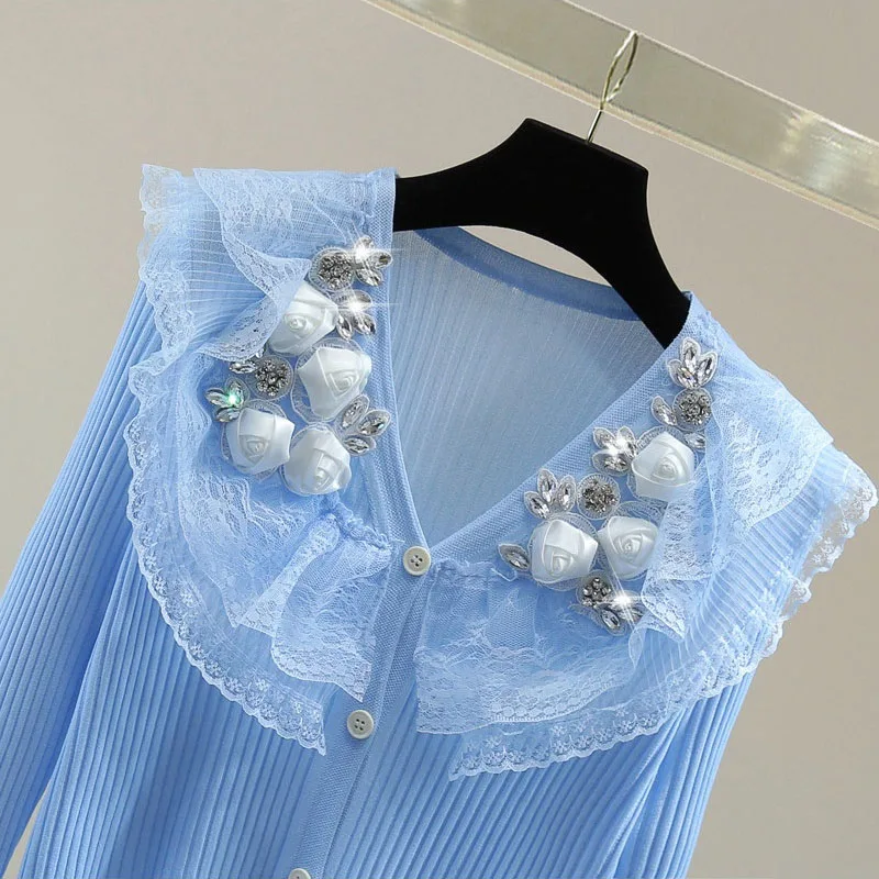 Kant Kant Bezaaid Diamant Ijs Zijde Zonnebrandcrème Gebreide Trui Voor Vrouwen 2025, Nieuwe Zomer Hoge Taille Korte Gebreide Jas Tops