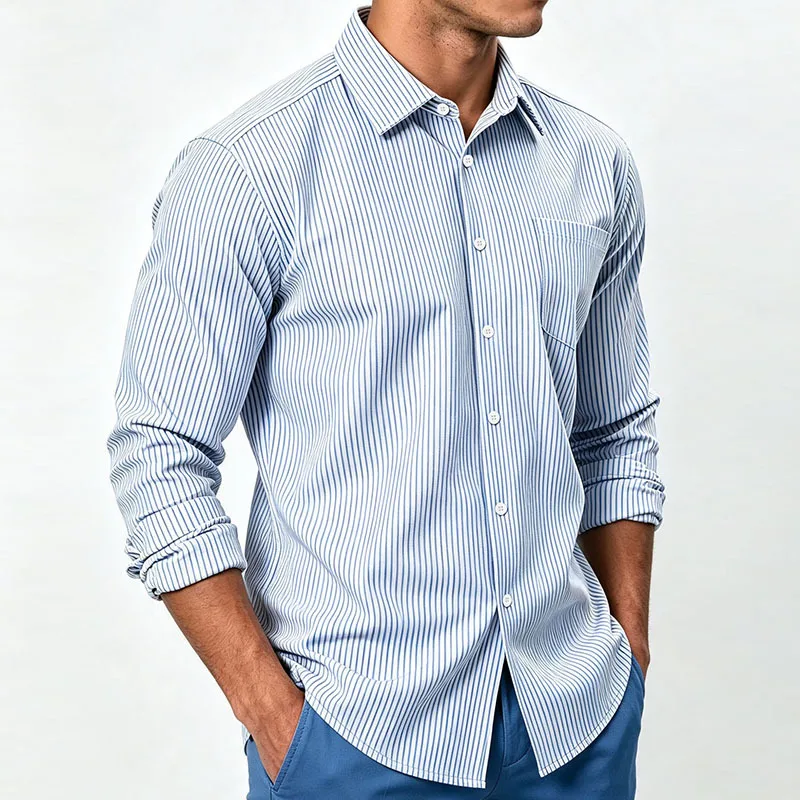 Mens Vertical Striped Long Sleeve Shirt Button Down Turn Collar Chest Pocket Design Non Iron Formal Business Casual Office Shirt