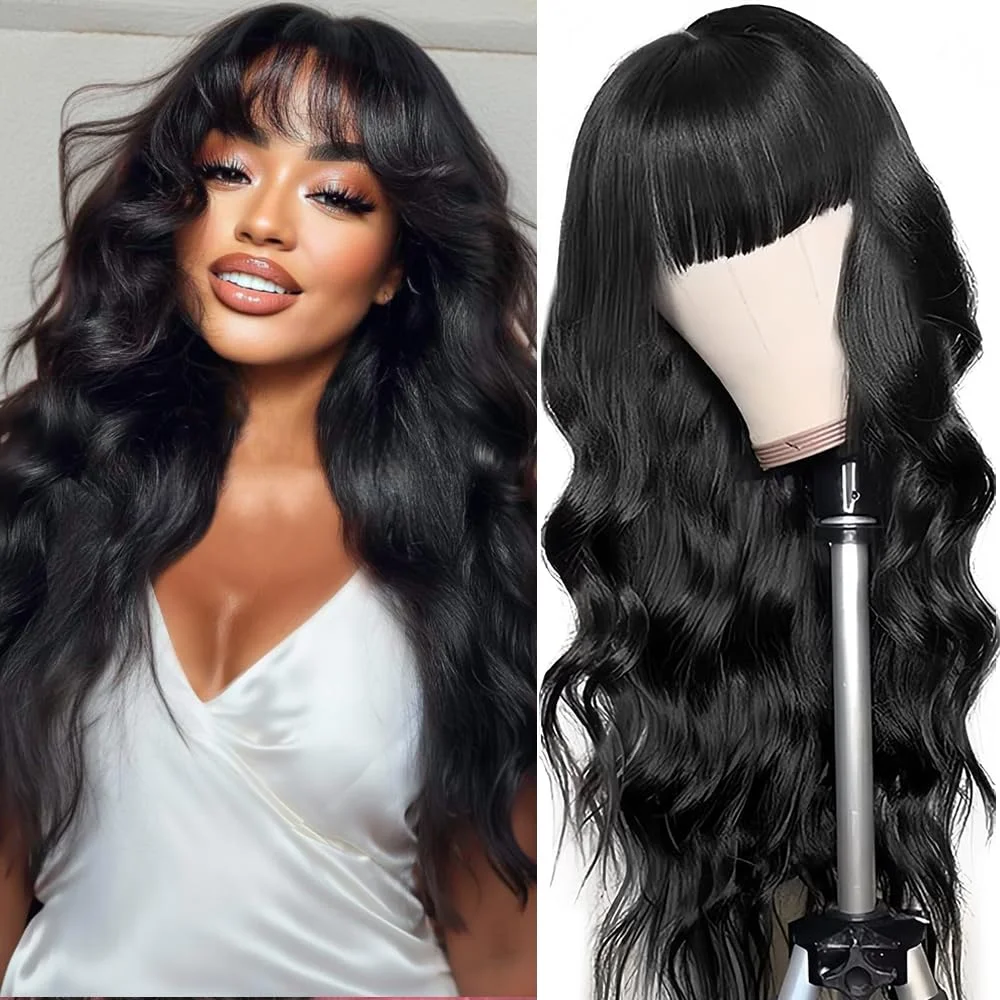 

3X1 Glueless Wigs Human Hair with Bangs Body Wave Human Hair Wig with Bangs 3X1 Bleached Knots Lace Front Wig for Black Women