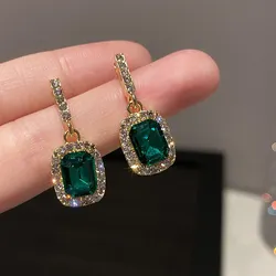 Green Crystal Earrings for Women Geometry Square Dangle Earrings New Fashion Rhinestones Drop Earrings Party Luxury Jewelry Gift