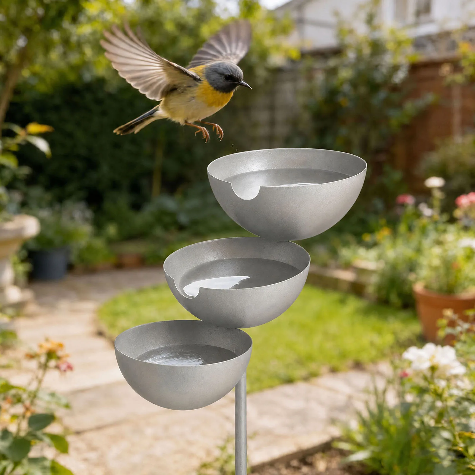 3-Tiered Metal Flower Gardening Stakes with Rainwater Collectors Rain Catcher Bird Bath Birds Feeder Water Bowl Stake for Garden
