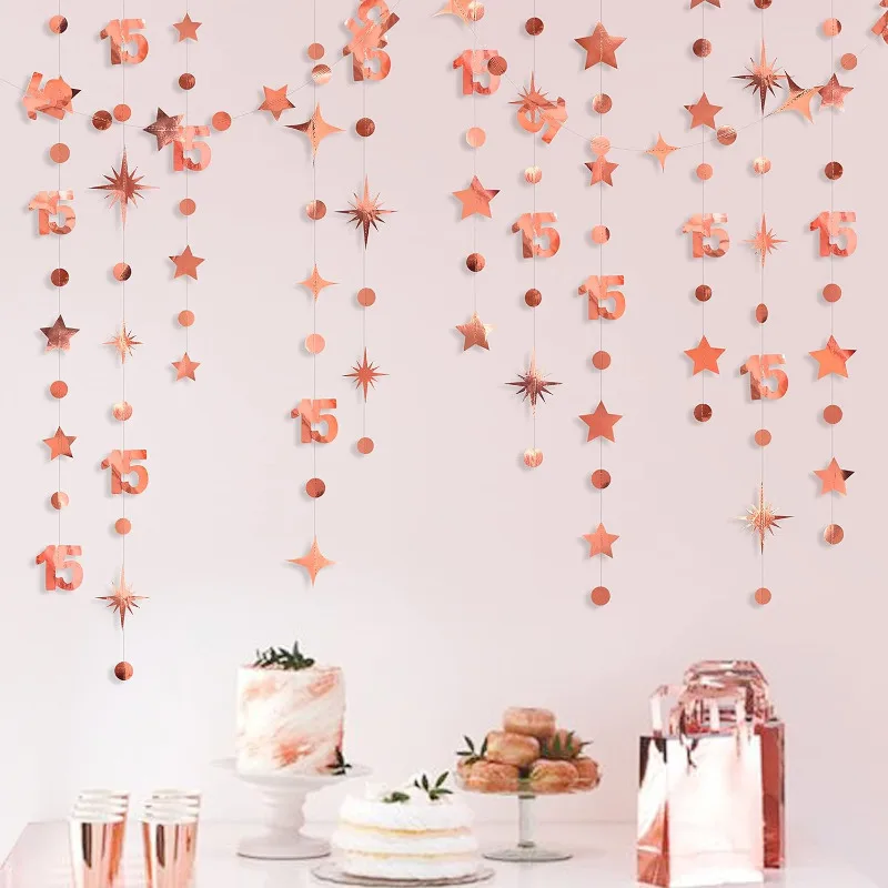Rose Gold 15th Birthday Banner Decorations Number 15 Circle Dot Twinkle Star Garlands Hanging Backdrop for 15th Birthday Party
