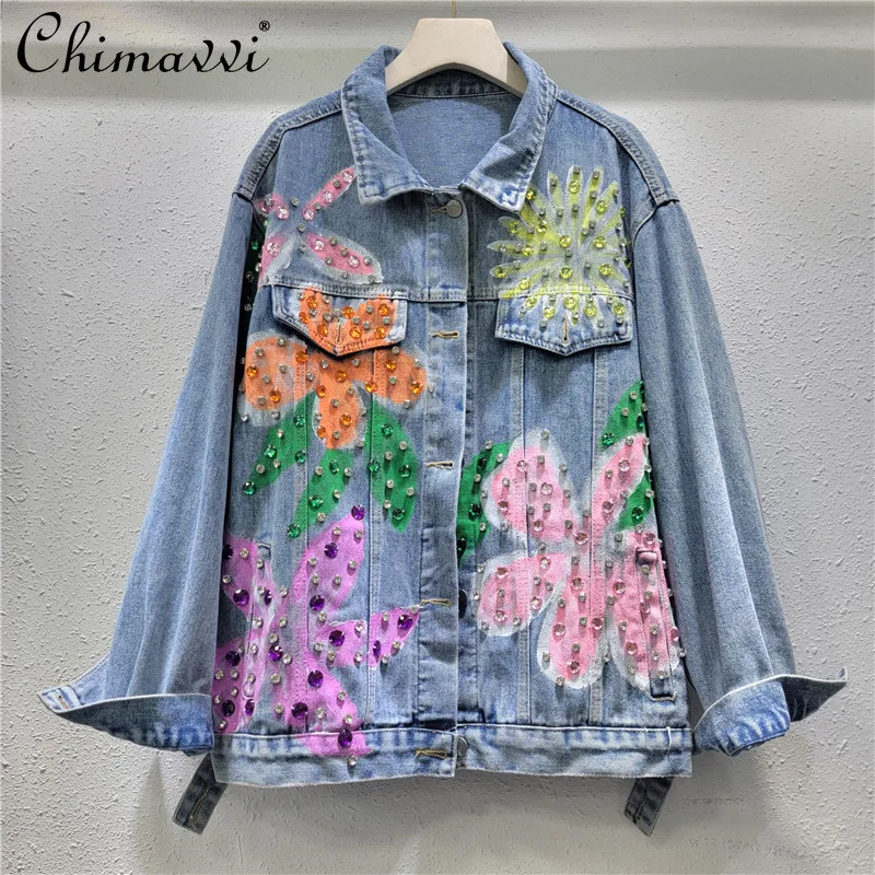 

Heavy Hand-painted Graffiti Design Luxury Diamond Loose Jacket Autumn New Fashion Versatile Streetwear Long-sleeved Jean Coat