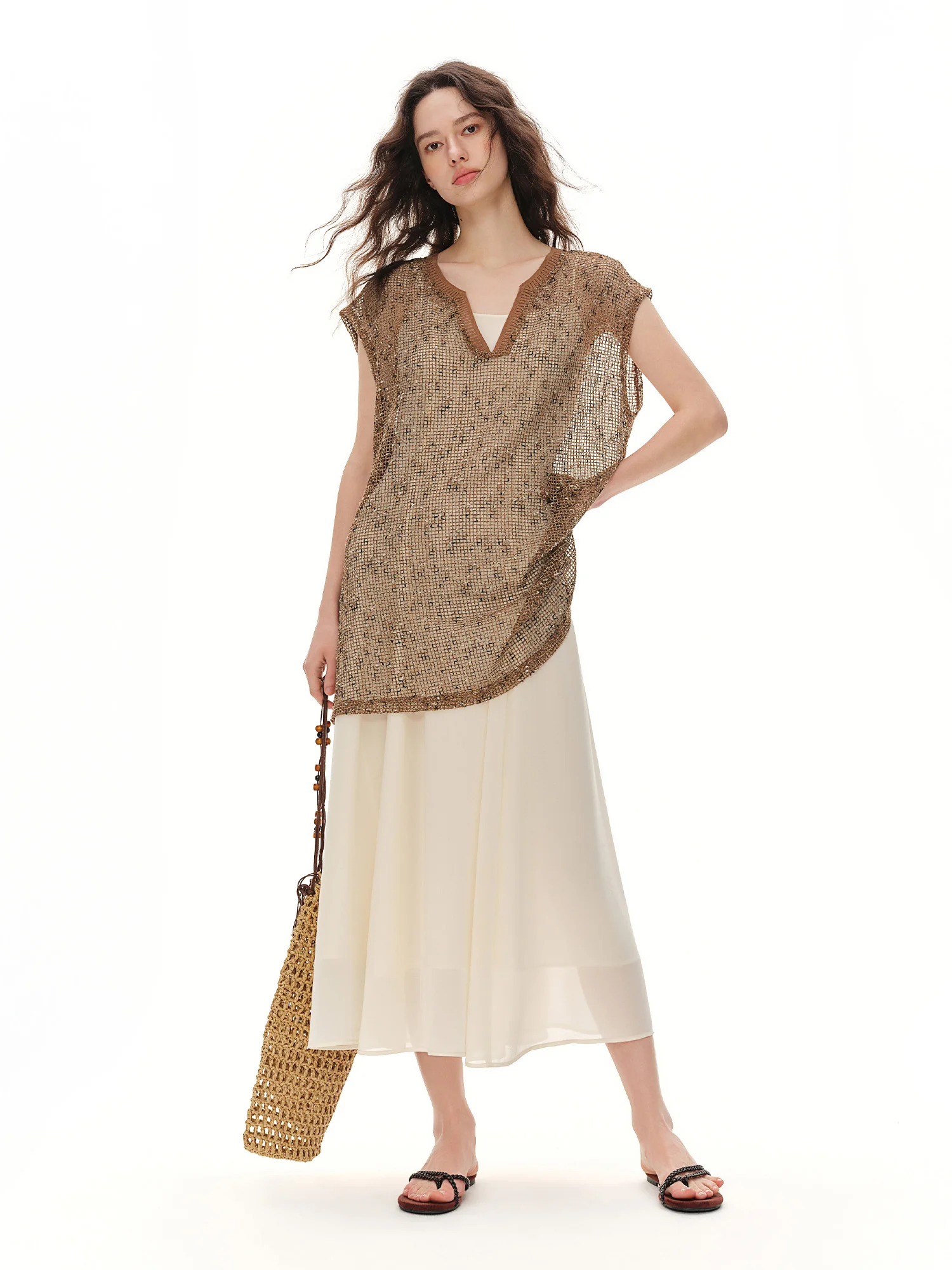 DUSHU Women's 2 Piece Outfit Hollow Knit Vest Sleeveless Slip Dress Set 2026 Summer Relaxed Luxury Maxi Dress Linen Gold Brown