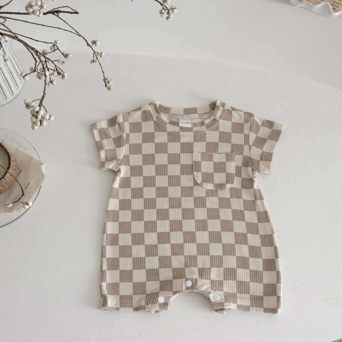 Summer Hot Toddler Newborn One Piece Baby Clothing Chessboard Pattern Romper Short Sleeved Infant Jumpsuit Baby Outfit