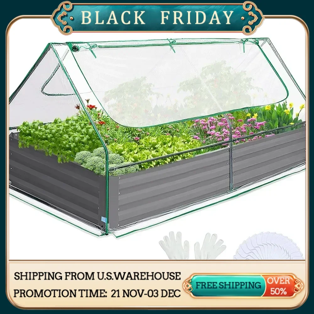 6x3x1ft Galvanized Raised Garden Bed with Cover Metal Planter Box Kit, w/ 2 Large Screen Windows Mini Greenhouse 20pcs T Tags