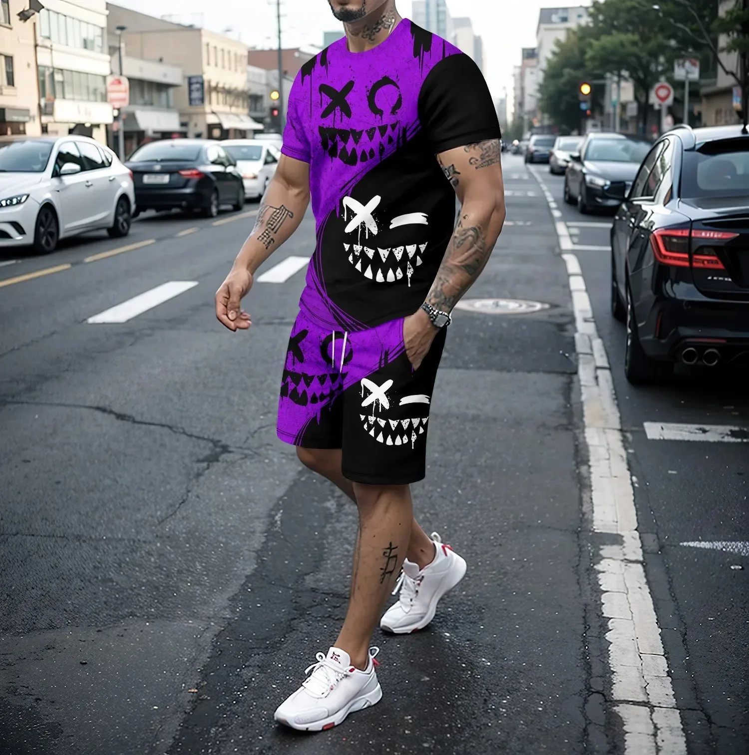 Summer Round Neck Short Sleeved t-Shirt And Shorts Set Men\'s 2-Piece Set 3d Funny Smiling Face Pattern Casual Street Sportswear