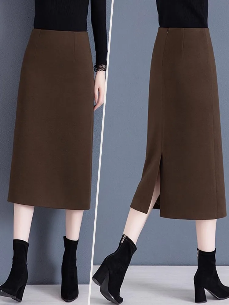 

Шерстяная юбка-миди, женская весна-осень 2024, новинка, облегающая юбка прямого кроя с высокой талией и разрезом, на один шаг, модные поездки на работу