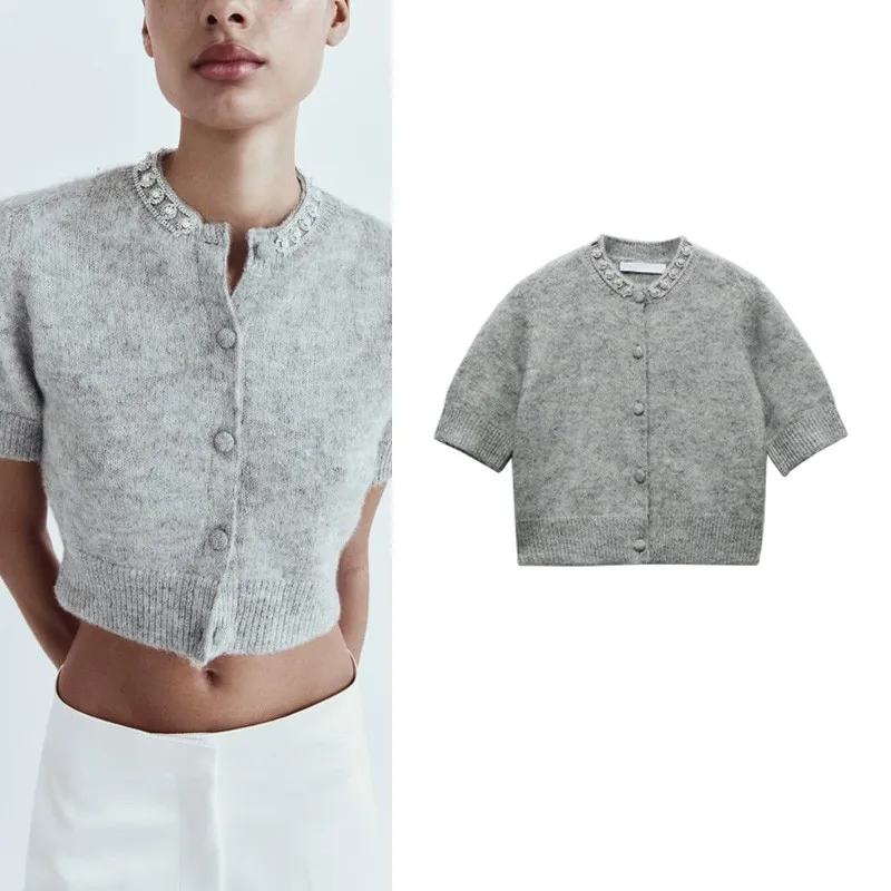 

Spring New Women's Knitted ort Coat round Ne ort Sve Jewelry Decoration Versatile Sle Ladies' Faion 2024