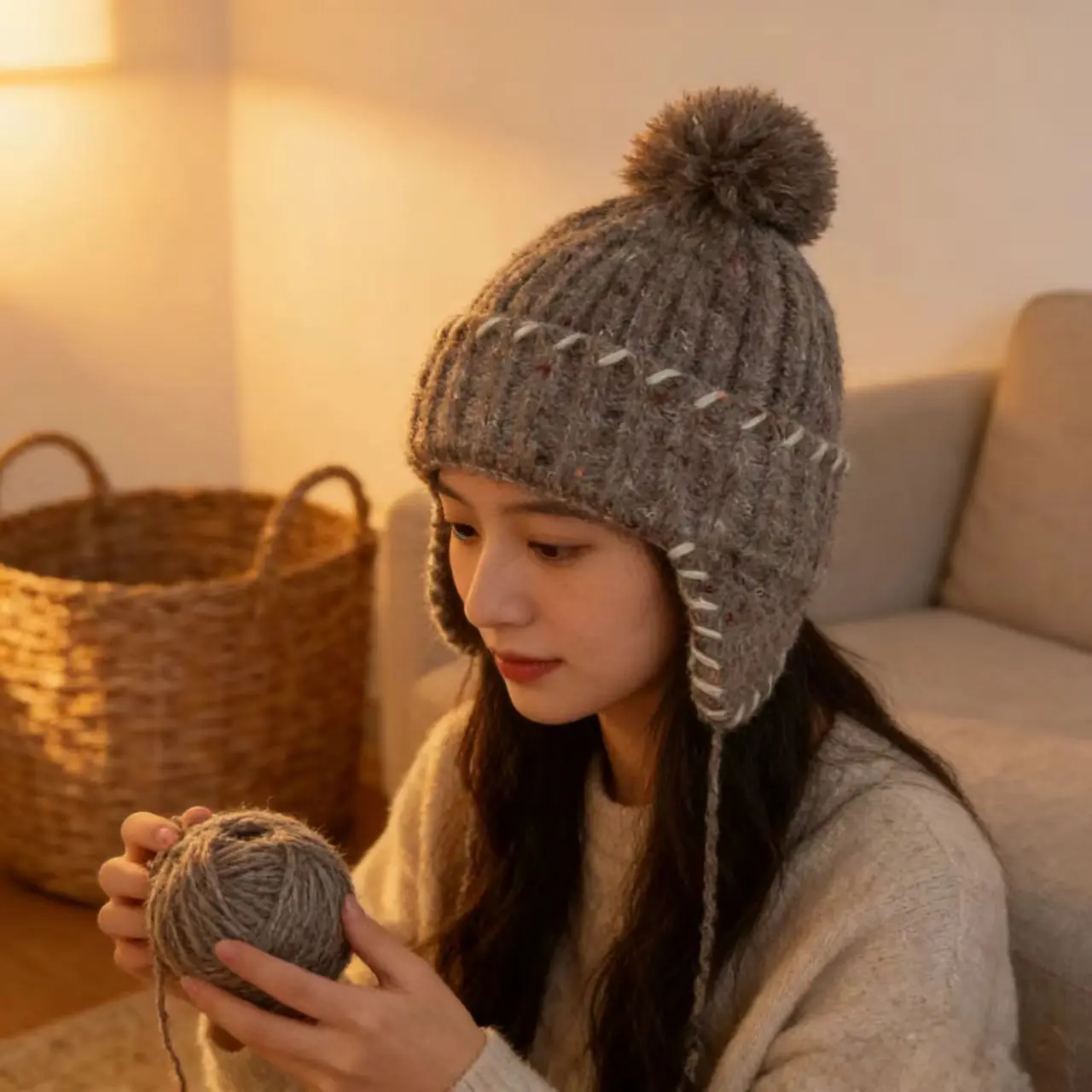 2027Korean Woolen Mixed Flower Yarn Knitted Bomber Hat Autumn and Winter Thickening Warm Ear Protection Women Outdoor Skiing Hat