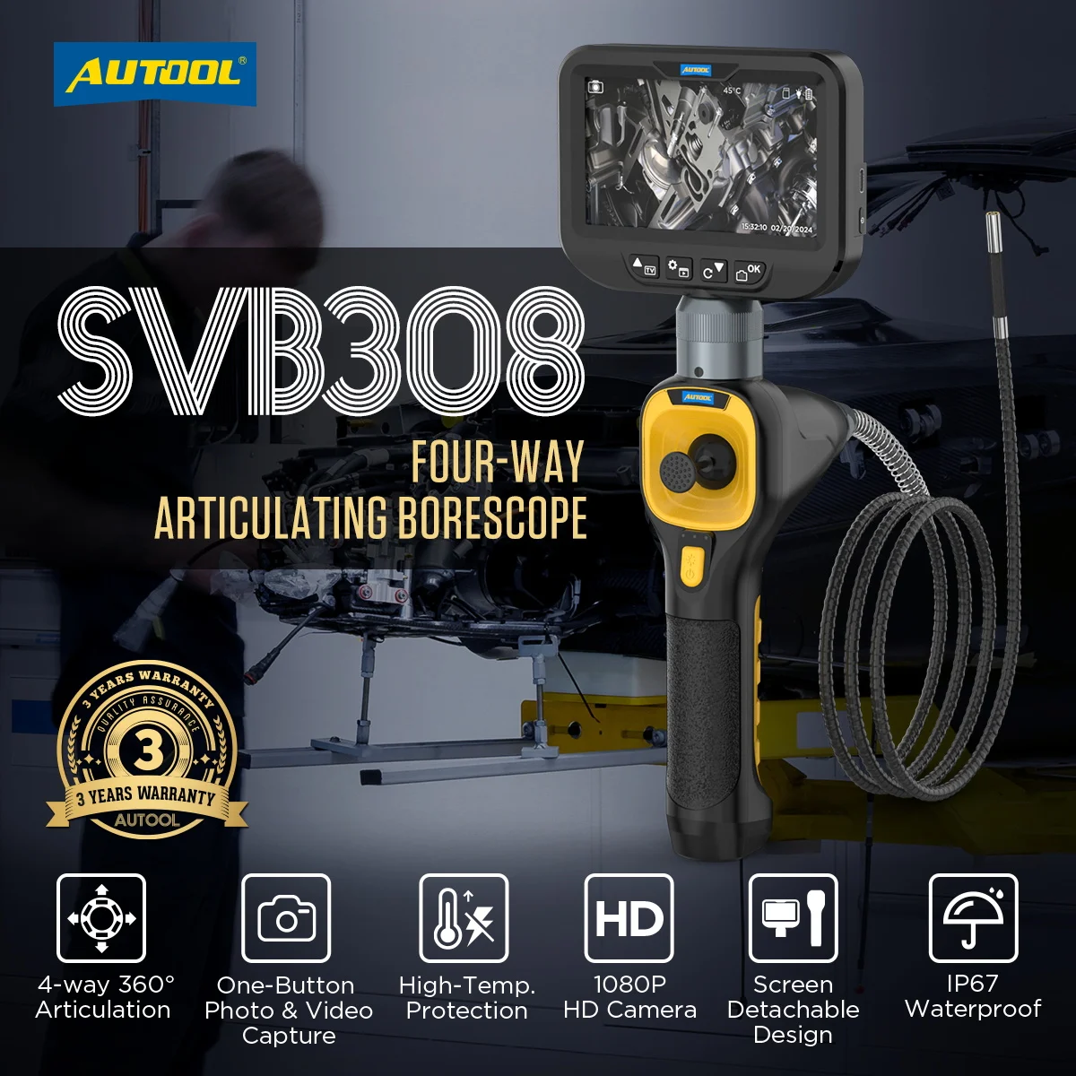 

Видеоэндоскоп AUTOOL SVB308 с поворотом на 360 градусов и 4 направлениями, 6 мм, IP67, для диагностики автомобилей, совместим с iPhone и Android