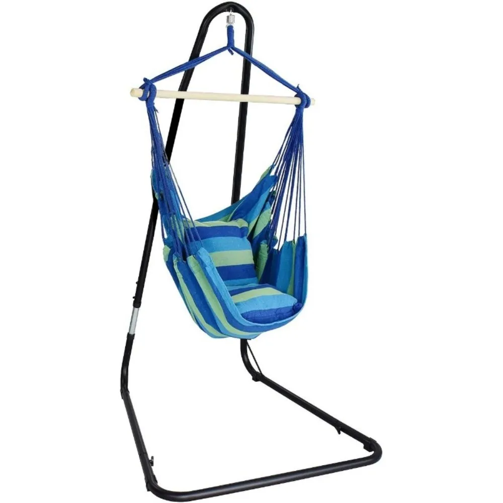 

Hanging Chair with Stand - Swing Hanging Hammock Chair with Stand - 2 Soft Seat Cushions - Indoor Outdoor Patio Bedroom Balcony