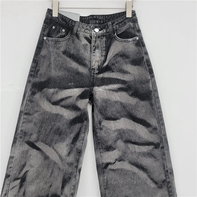 กางเกงยีนส์ทรงตรงสไตล์สตรีทแวร์สำหรับผู้หญิง ลุคฤดูใบไม้ร่วง ล้างสีสไตล์อเมริกัน แฟชั่นลำลอง ขาดๆ เซอร์ๆ