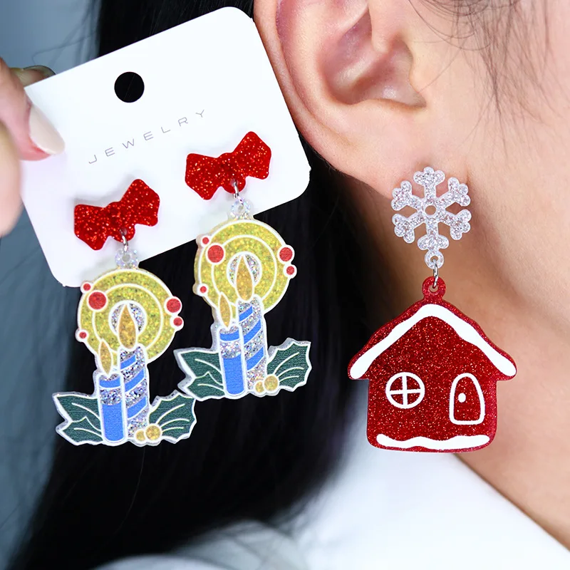 Winter Christmas Hat Sweater Earrings Fashion Bow Knot Wine Cup Red Scarf Bear Santa Claus Candle Snowflake Print Earrings