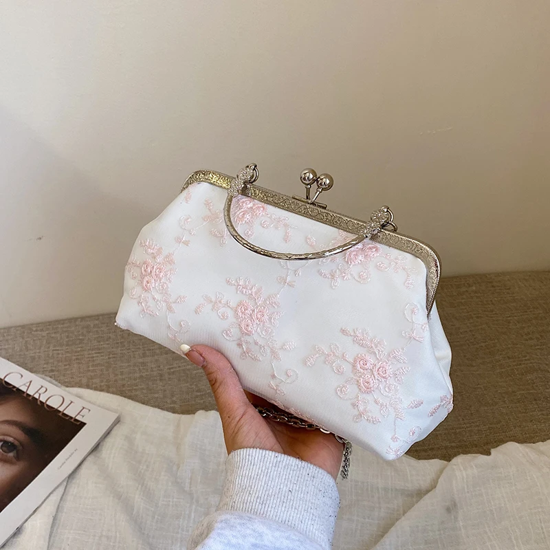 Premium Floral Embossed Shoulder Bags for Ladies Retro Metal Handle Purse with Detachable Long Chain Strap Casual Office Bag New